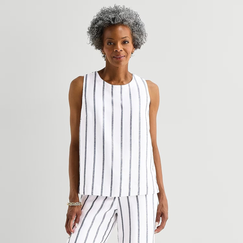 MSRP $40 Liz Claiborne Womens M Navy Stripe Sleeveless Blouse Linen Blend Round